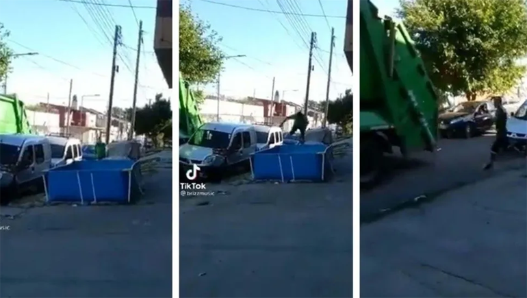 El divertido chapuzón en una pelopincho de un recolector de basura