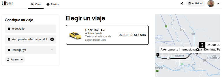 Simulación servicio solicitado desde Cipolletti al aeropuerto de Neuquén.