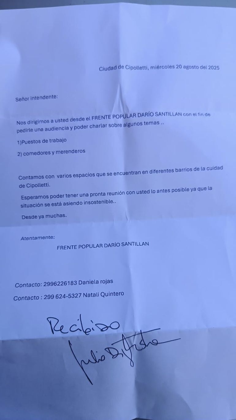 El petitorio presentado y recibido por el Secretario de Gobierno.