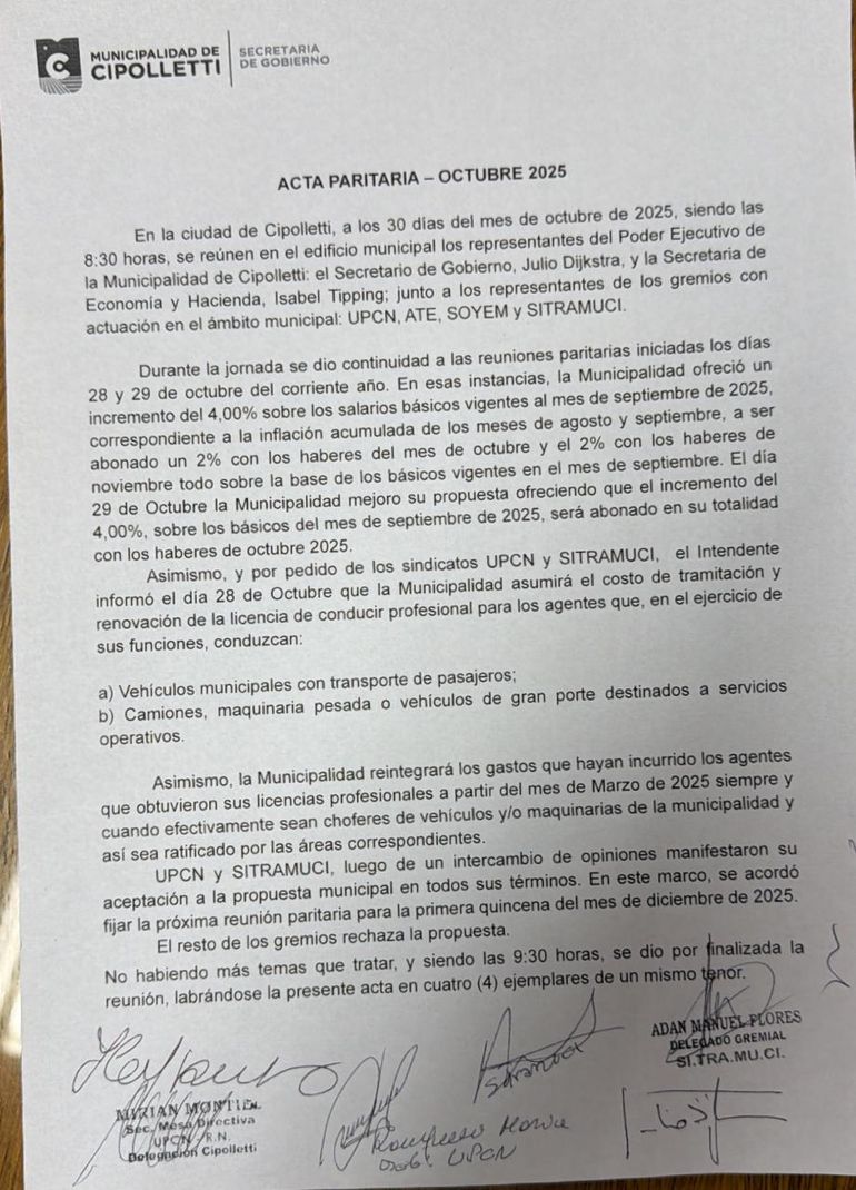 El acta paritaria cerrada de octubre. El acta paritaria cerrada de octubre.