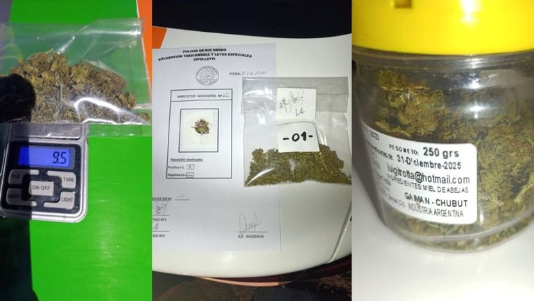 El frasco de marihuana encontrada en la camioneta interceptada en un control de tránsito.&nbsp;