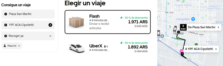 En la aplicación, suelen figurar al menos dos vehículos disponibles para realizar viajes de Uber en la ciudad.