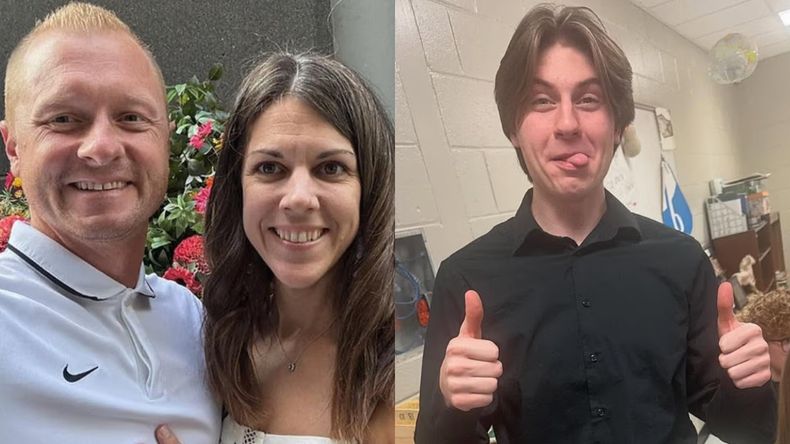 Jason Hughes, el profesor que murió atropellado en Georgia, junto a su esposa. A la derecha, Jayden Ryan Wallace, el estudiante acusado.