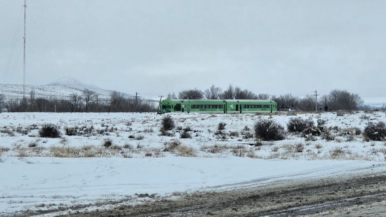 Una de las postales del Tren Patagónico línea sur en plena caída de nieve esta temporada.