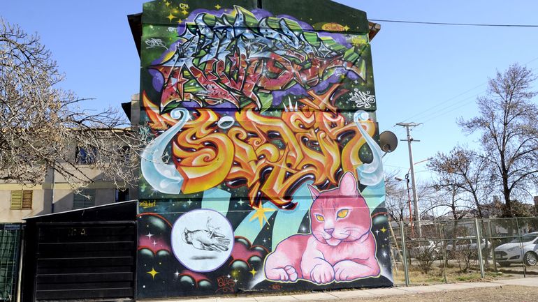 El mural en altura que el cipoleño Sider1 realizó junto a Nube, el impulsor, y la roquense Atis. Una pintada alegre.