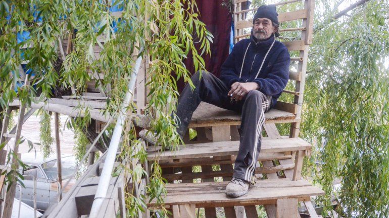 Miguel Fernández pasa parte de sus días y sus noches en la copa de un sauce.