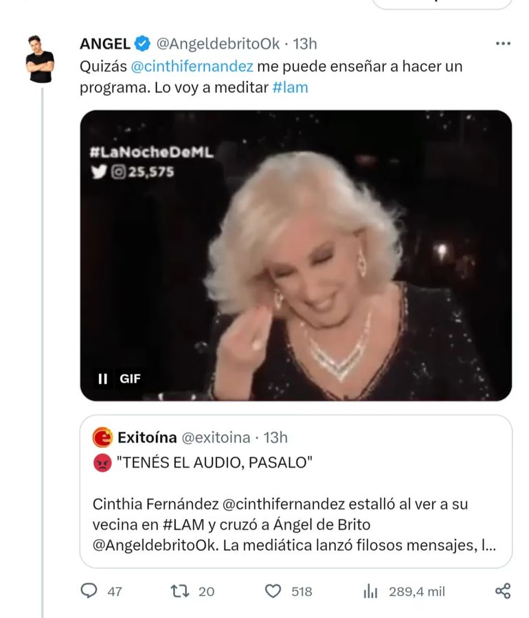 Cinthia Fernández y su cruce con Ángel de Brito por Twitter
