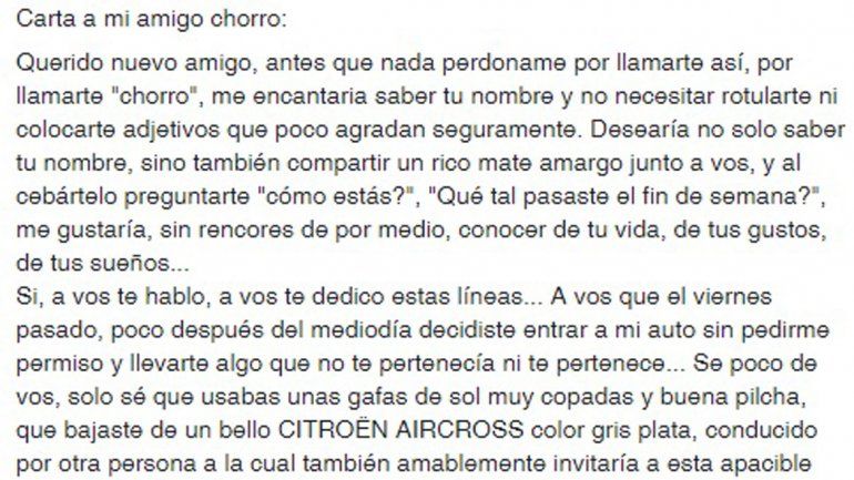 Le robaron y él decidió escribirle una carta a su amigo chorro