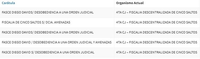 Denuncias que tenía Diego Fasce en la Fiscalía Descentralizada de Cinco Saltos.