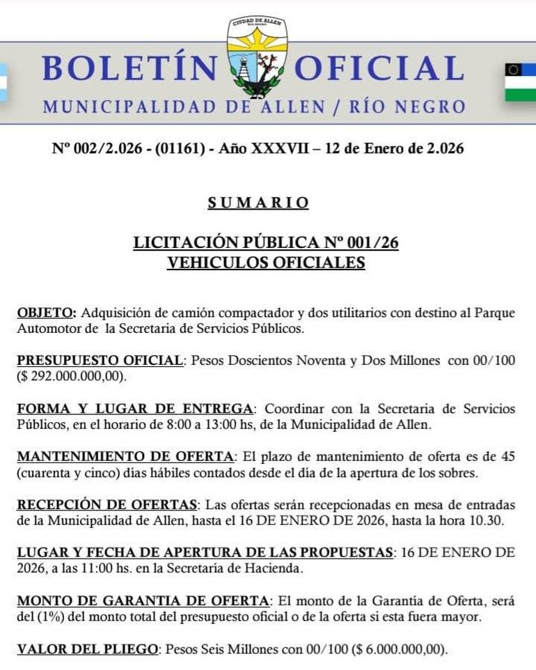 La Municipalidad de Allen llamó a licitación para la compra de un camión recolector de basura. 
