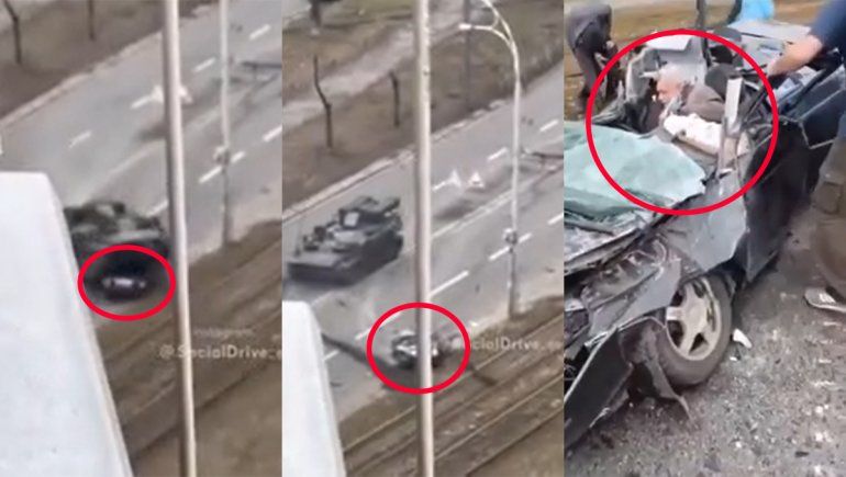 Milagro en Ucrania: un tanque aplastó el auto de un civil y el conductor logró sobrevivir