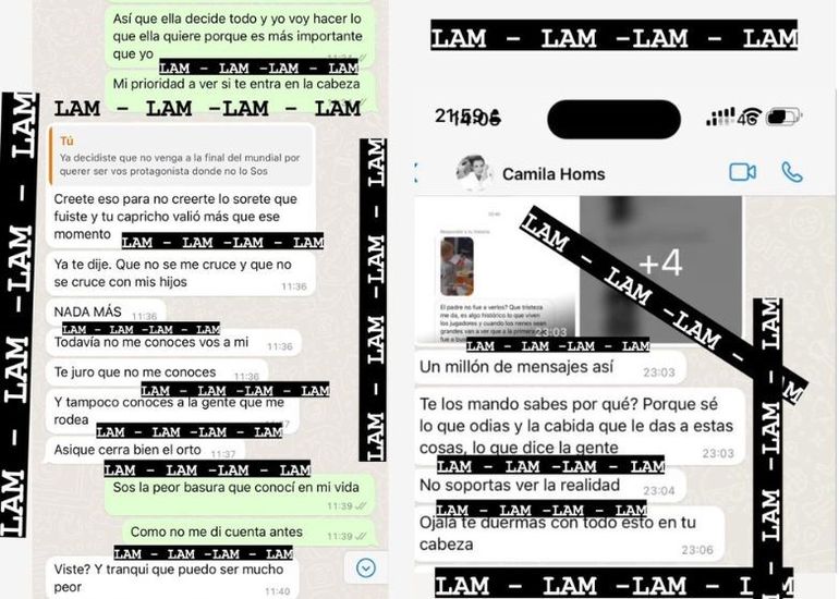 Algunos de los agraviantes mensajes de Camila Homs a Rodrigo De Paul que mostró LAM.