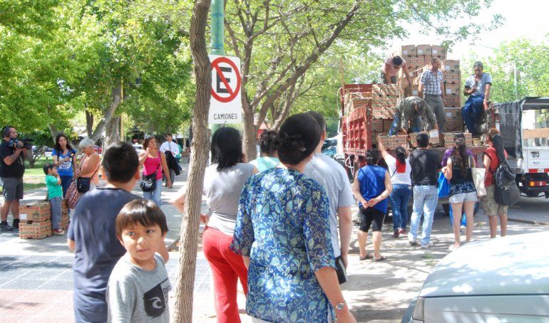 Los chacareros regalaron 12.000 kilos de peras en la plaza San Martín y Oro