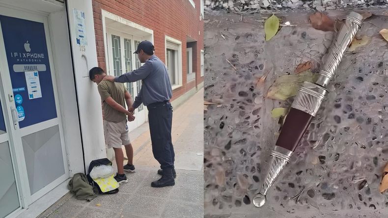 El ladrón fue atrapado por la policía tras un operativo cerrojo activado en pleno centro de Cipolletti. Al lado, el cuchillo que había robado.&nbsp;