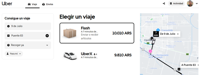 Si uno igresa a la aplicación de Uber y selecciona destinos dentro de la ciudad, continúan saliendo opciones para utilizar el servicio.