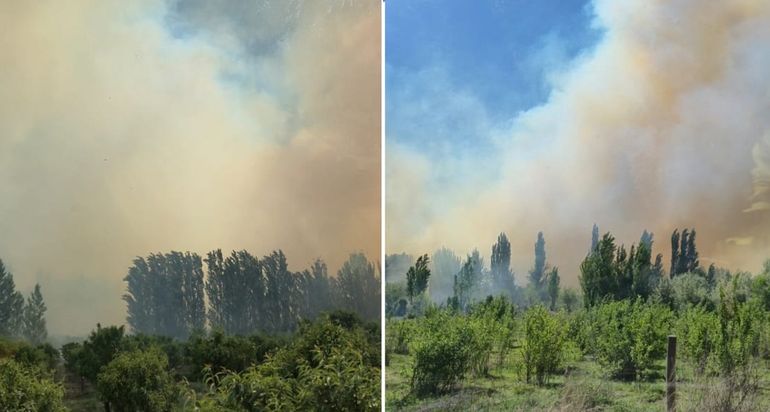La columna de humo del incendio de Cinco Saltos se pudo observar desde varios kilómetros. Fotos gentileza Seny Radio.