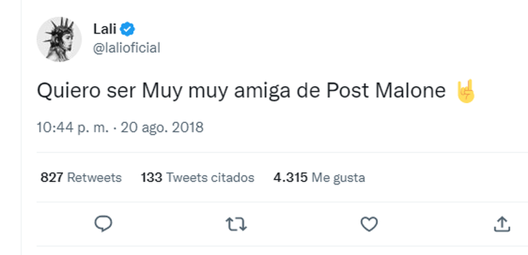 Hace poco más de cuatro años Lali manifestaba en Twitter que quería conocer a Post Malone.