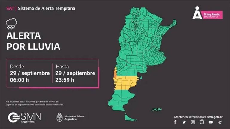 Alerta meteorológica por tormentas, vientos y nevadas: hay 62 localidades afectadas