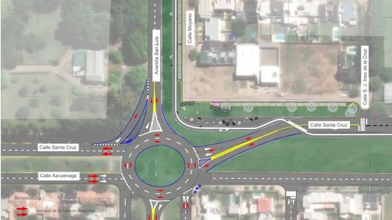 Imagen ilustrativa y panorámica de la nueva rotonda en Cipolletti y el sentido de las calles.
