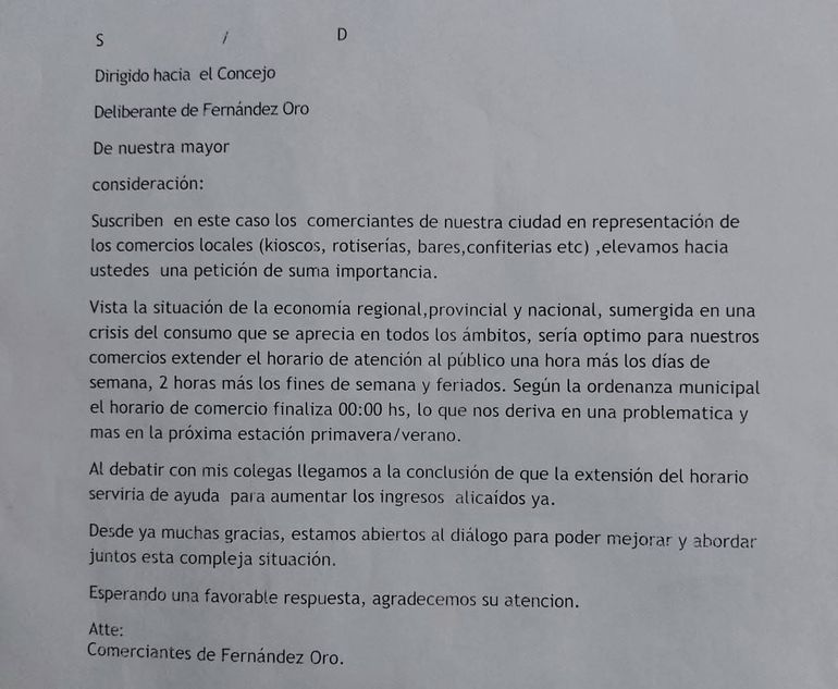 La solicitud de los comerciantes de Fernández Oro para la extensión del horario de atención al público. 