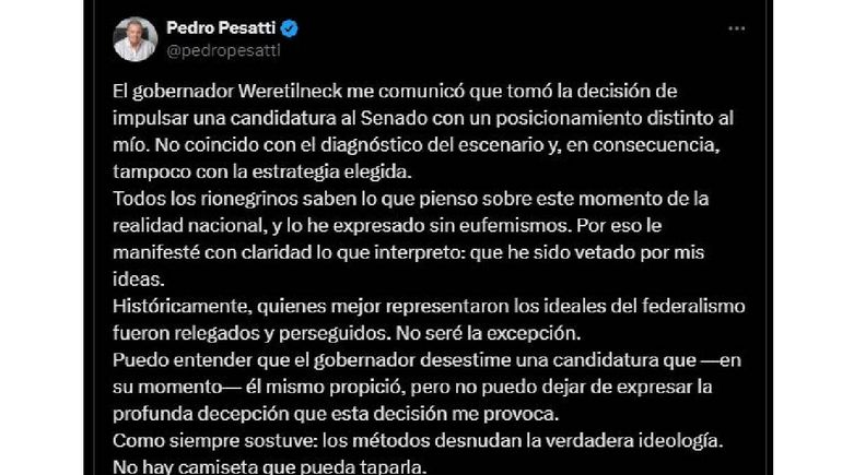 Pedro Pesatti no será candidato a senador y criticó a Alberto Weretilneck